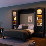 MERITLINE Queen Size Murphy Bed with 2 Side Cabinets, 2 Drawers and LED Lights, Solid Wood Folding Murphy Wall Bed with Desk, Black MERITLINE