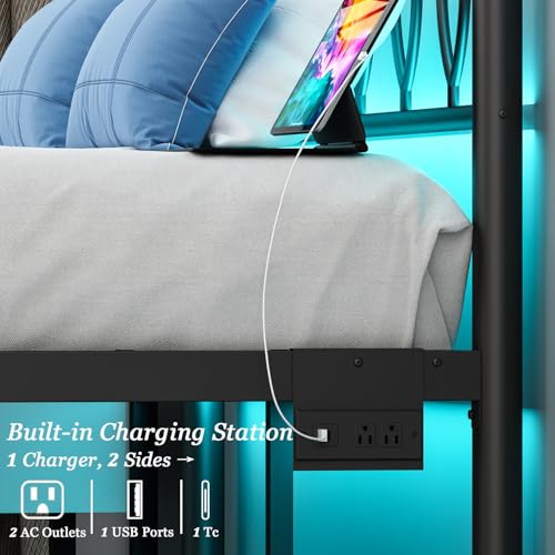 Samurbex Twin Size Bed Frame with Headboard,Black Metal Platform Bed Frame Twin Size with Charging Station & LED Lights,12-Inch Under Bed Storage,No Box Spring Needed,Noise Free,Easy to Assemble Samurbex