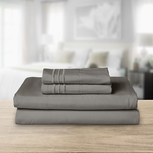 Elegant Comfort Luxurious 1500 Premium Hotel Quality Microfiber Three Line Embroidered Softest 4-Piece Bed Sheet Set, Wrinkle and Fade Resistant, Twin/Twin XL, Gray Elegant Comfort