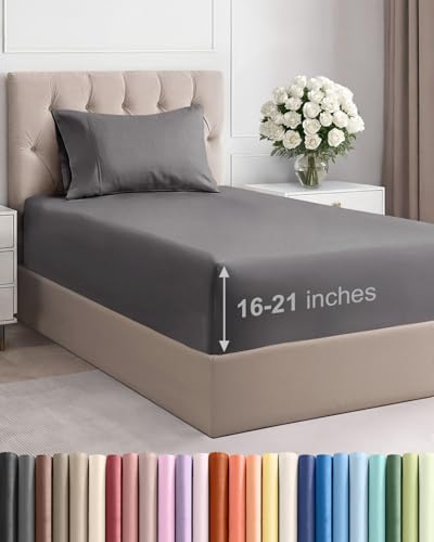 Extra Deep Pocket Twin Size Sheet Set - 3 Piece Breathable & Cooling Bed Sheets - Hotel Luxury Bedding with 16 to 21 inch Extra Deep Pockets - Soft, Fade and Wrinkle Resistant - Oeko-Tex - Dark Grey