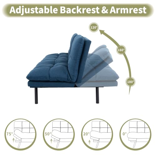 Vipbear 71" Futon Sofa Bed - Convertible Sofa Beds/Adjustable Backrest & Armrest, Comfy Loveseat Sleeper for Small Spaces, Apartments & Offices,Linen Fabric Blue Futons Vipbear