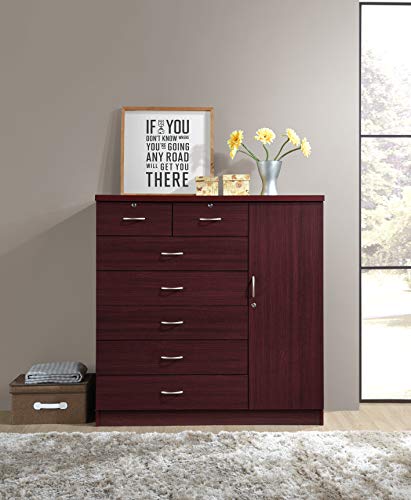 Hodedah 7 Drawer Jumbo Chest, Five Large & Two Smaller Drawers with Two Lock, Hanging Rod, and Three Shelves | Mahogany, 17.76" D X 47.24" W X 48.39" H Hodedah
