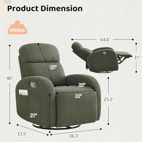AEMEIOS Nursery Glider Recliner, Boucle Nursery Rocking Chair Recliner, Manual Nursery Glider Recliner with Double Pockets and Lumbar Support for Adult, Teddy Green AEMEIOS