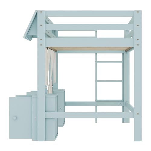 Harper & Bright Designs Twin Size Low Loft Bed for Kids, Solid Wood Loft Bed Frame with Built-in Bookshelf, Storage Shelf, Curtain, Guardrail and Ladder for Boys Girls, Easy Assembly, Light Blue Harper & Bright Designs