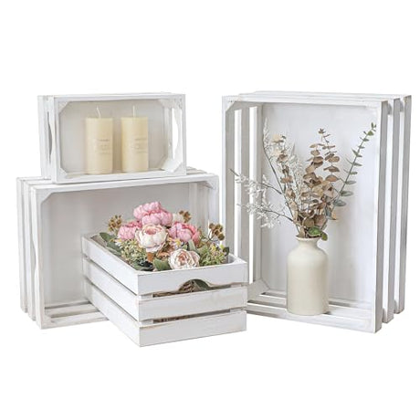 JUMBO HUMBLE Set of 4 Large Wooden Decorative Storage Crates, Whitewashed Nesting Wooden Crates for Display Rustic, Farmhouse Wooden Storage Container Boxes Made from 100% Wood JUMBO HUMBLE
