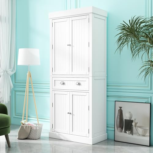 Squireewo 72" Freestanding Kitchen Pantry Storage Cabinet with Doors and 6 Hanging Shelves,Storage Cupboard with Large Drawer for Kitchen,Bathroom or Hallway, White Squireewo