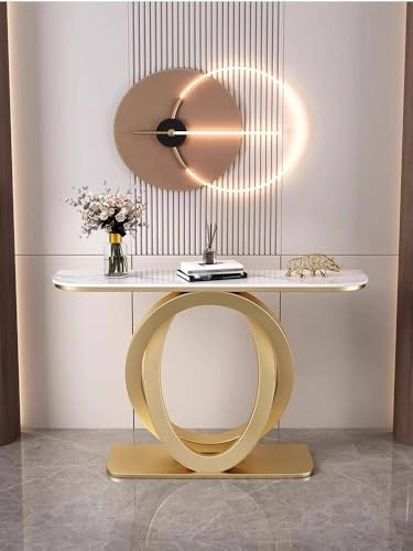 Modern Geometric Console Table with Easy-to-Clean Sintered Stone Top, Narrow Entryway Sofa Table for Hallway, Living Room, Foyer, Entrance(Brown+White,39.3"/100cm) wihgony