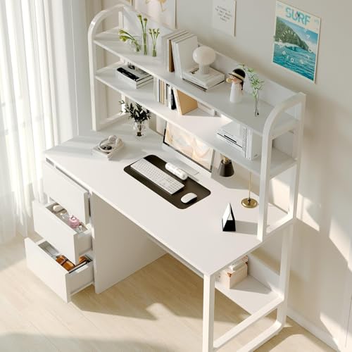 MaverickFurni 60 Inch Computer Desk with Shelves & Hutch, Home Office Desk with 3 Storage Drawers for Bedroom Work, Study Writing Table for Small Spaces, Adjustable feet, White MaverickFurni