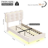 HIFIT Upholstered Twin LED Bed Frame with Charging Station and Adjustable Crystal Button-Tufted Puffs Headboard, Velvet Princess Floating Platform Bed Frames for Girls/Kids, No Box Spring Needed,Beige HIFIT