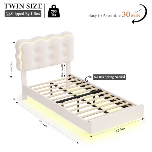 HIFIT 2 Set Upholstered Twin Size LED Bed Frame with Charging Station, Adjustable Crystal-Tufted Puffs Headboard, Velvet Girls Floating Twin Platform Bed Frames for Kids with Under Bed Lights, Beige HIFIT