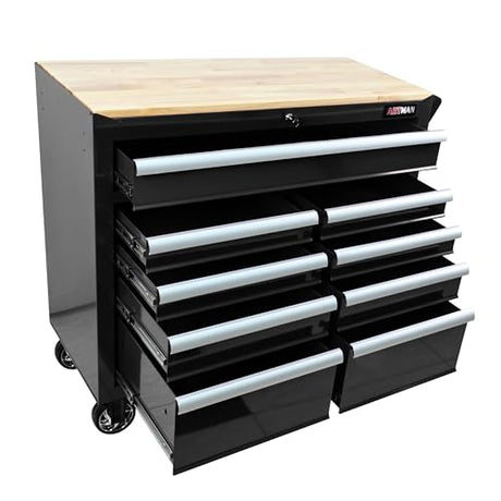 WTRAVEL Heavy Duty Rolling Tool Chest with 9-Drawer Wood Top Tool Cart Mechanic Tool Box with Wheels Tool Storage Cabinet Workbench High Capacity for Garage, Workshop, Warehouse, Repair Shop (Black) WTRAVEL