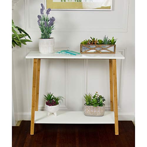 2 Tier Solid Bamboo Frame Console Table White Modern Contemporary Rectangle Matte Shelf