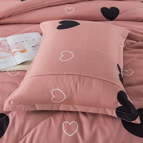 Caressma Love Pattern Girls Pink Comforter Set Twin Size, Cameo Brown Cute Love Heart Print Sexy Comforter Bedding Set for All Seasons, Geometric Soft Microfiber Comforter Set with Pillowcase Caressma
