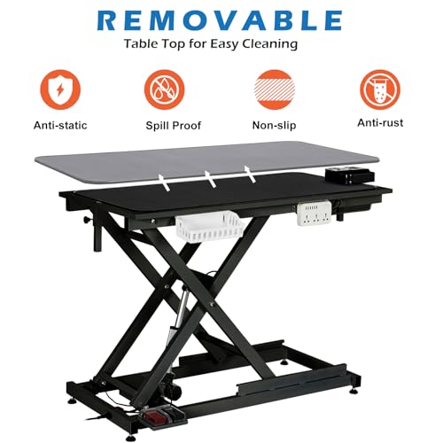 50'' Electric Dog Grooming Table, Heavy Duty, Height Adjustable Pet Grooming Table with Sockets w/Leveling Wheels, Grooming Arm, Anti Slip Tabletop & Tool Organizer, for All Pets Black