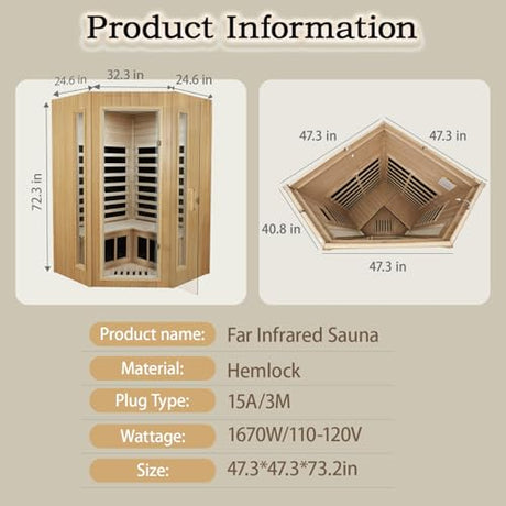 LTCCDSS 2-3 Person Infrared Sauna, Far Infrared Saunas for Home Low EMF Indoor Home Sauna Spa with Tempered Glass Door, Hemlock Wooden Corner Sauna Room,1670W/120V, Bluetooth Speaker, 2 Reading Lamps LTCCDSS