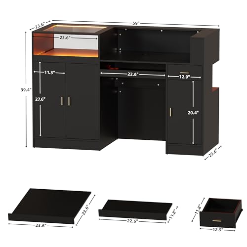 PAKASEPT 59" Large Reception Desk with Counter, Modern Front Desk Reception Room Table with LED Light & Glass Display Shelf, Retail Counter for Checkout, Lobby, Beauty Salon, Home Office Desk (Black)