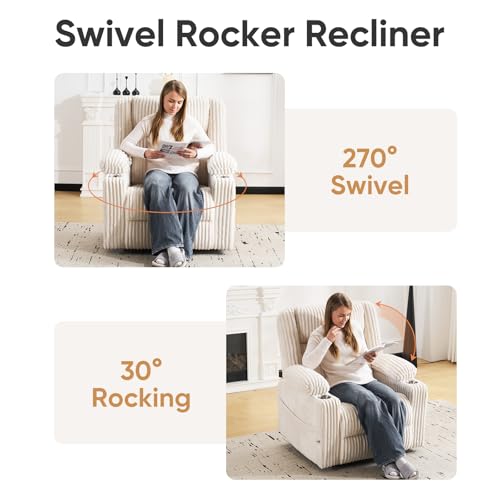 Oversized Power Recliner Chair with Massage and Heat, Swivel Rocker Recliner Chair for Adults with Arm Storage, Nursery Glider Recliner with Adjustable Headrest and Phone Stand, Side Pockets, Beige