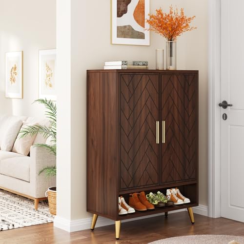 Tribesigns Shoe Cabinet with Doors, 6-Tier 18 Pairs Shoe Storage Cabinet for Entryway, Wooden Entryway Shoe Cabinet with Adjustable Shelves for Living Room, Bedroom (Walnut, Gold Legs) - WoodArtSupply