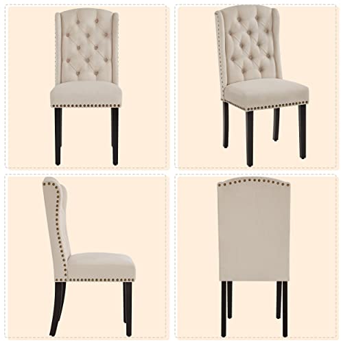 Yaheetech Dining Chairs Upholstered Fabric Chairs Tufted Kitchen Chairs with Solid Wood Legs, Nailhead Trims for Dining Room Kitchen and Restaurant, 1 Package of 2pcs, Beige - WoodArtSupply