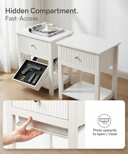 Aylenic Night Stand with Gun Drawer, Nightstand Gun Safe White and Gold Bedside Table Handgun Safe Modern Fluted Bedroom Organiser Storage, Side Table Living Room Simple Aesthetic End Table Aylenic