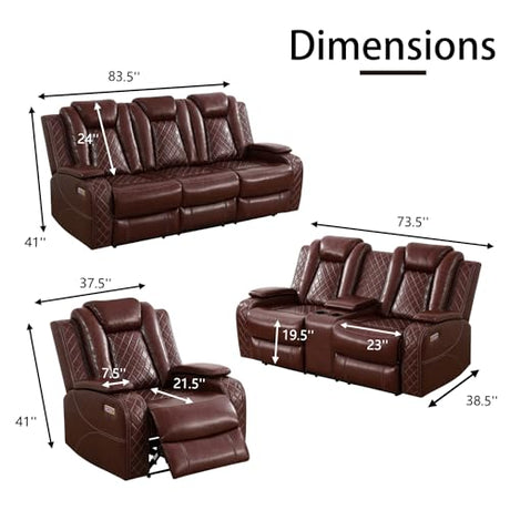 Ocstta Breathing Leather Power Recliner Sofa Set, Reclining Couch Set with LED Light/Cup Holders/Storage, 3 Piece Living Room Set 3 Seat Sofa Loveseat and Chair for Home Theater (Auburn) Ocstta