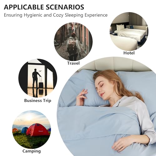 RHINSBENF Sleeping Bag Liner Camping Adult Sleep Sack Lightweight Travel Sheet for Hotel Bed Compact Ultralight Essential Cleaning Supplies Kit Travel Bedding Set for Backpacking (Blue & Single) RHINSBENF