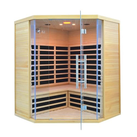 Homsido 3-4 Person Far Infrared Sauna, Hemlock Indoor Corner Sauna Room Home Sauna with Low EMF Far Infrared Carbon Panel Tempered Glass Door,Bluetooth Speakers Chromotherapy Lights（220V, 2880W） Homsido