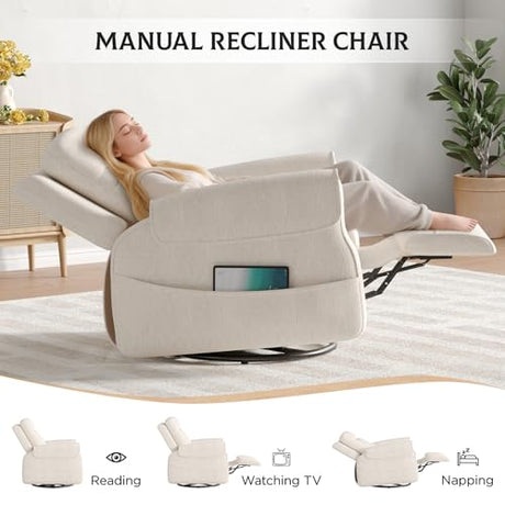 Maupvit Faux Shearling Recliner Chair - 360° Swivel Rocker with Adjustable Footrest and Backrest, Plush Upholstered Single Sofa for Small Spaces, for Living Room/Nursery/Home Theater (White) Maupvit