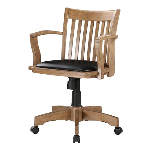 OSP Home Furnishings Deluxe Wood Banker's Desk Chair with Padded Seat, Adjustable Height and Locking Tilt, Fruitwood Finish and Black Vinyl - WoodArtSupply