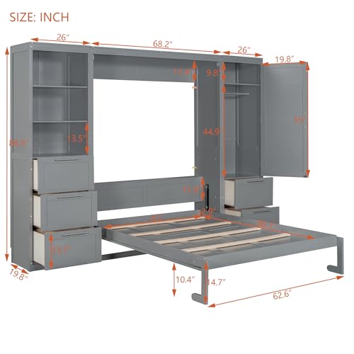 Merax Murphy Bed Queen with Wardrobe, Queen Size Wall Murphy Bed with 5 Drawers and Storage Shelves, No Box Spring Needed, Gray Merax