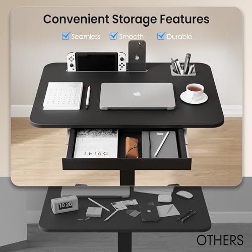 Monomi Mobile Standing Desk with Drawer, 28" Rolling Desk with Cup Holder and Hooks, Portable Laptop Cart on Wheels, Height Adjustable Workstation with Storage for Home Office, Black Monomi