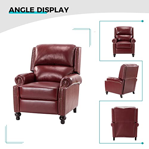 HULALA HOME Genuine Leather Wingback Recliner Chair with Thick Cushioned Seat, Traditional Push Back Leather Recliner with Nailhead Trim, Burgundy