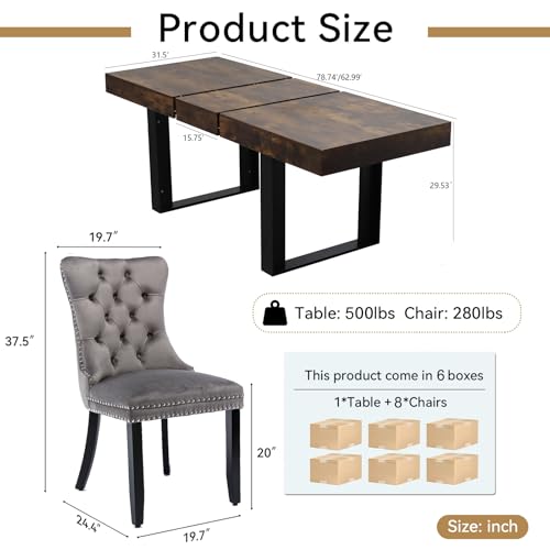 Goujxcy 9-Piece Extendable Dining Table Set for 8, 63-78 Inch Rustic Brown Kitchen Table Set with 8 Grey Tufted Chairs Farmhouse Wood Expandable Dining Room Table Set 8 for Kitchen Dining Goujxcy