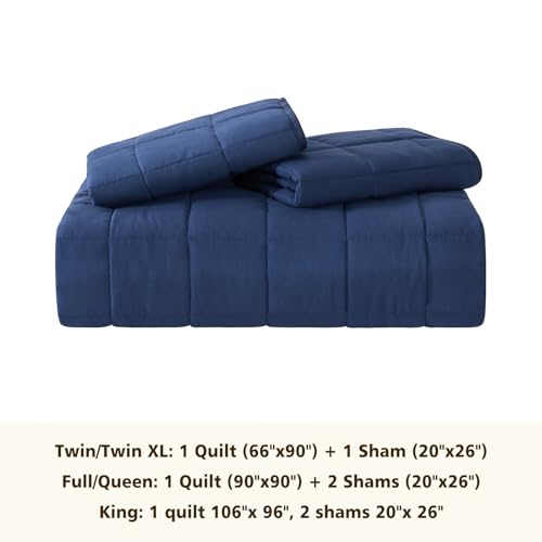 EMME Quilts Twin Size Bedding Sets Navy Blue Bedspread, Lightweight Soft Pre-Washed Quilt Comforter, 2 Piece, Cozy Reversible Coverlet with Pillow Sham for All Season (Square Pattern,66"x90") EMME