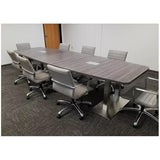 Thaweesuk Shop New Gray Finishes 12 ft Modern Executive Boat Shaped Wood Conference Table Dual Post Metal Legs Grommets Racetrack Silver 2 Power Data Modules Boardroom Room Meeting Business Furniture Generic