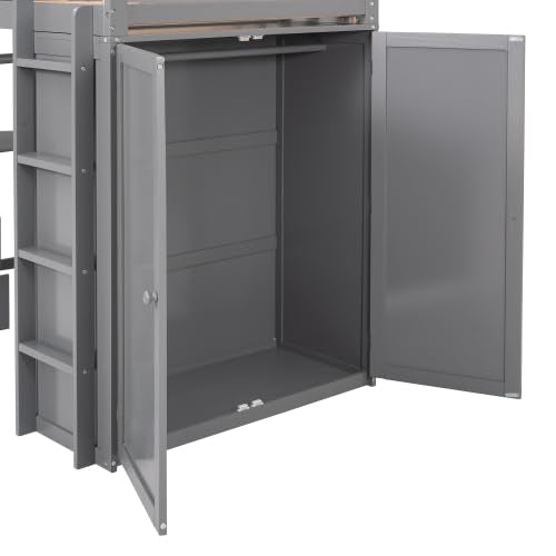 Harper & Bright Designs Twin Size Loft Bed with Desk and Storage Drawers, Wooden Kids Loft Bed Frame with Wardrobe, Grey Harper & Bright Designs