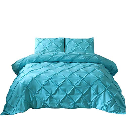 Feelyou King Duvet Cover Set Pinch Pleated Bedding Sets Aqua Blue Microfiber Polyester Pintuck Tufted Comforter Cover with 2 Pillow Shams Luxury Solid Geometric, 3 Pieces Feelyou