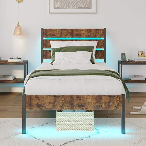 PUNICE Twin Size Bed Frame with Charging Station, LED Light Metal Bed Frame with Wooden Headboard, No Box Spring Required, No Noise, Easy Assembly, Rustic Brown PUNICE