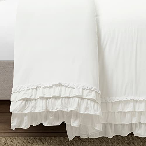Lush Decor Ella Ruffle Lace 100% Cotton Duvet Cover, 3 Piece Set, Full/Queen, White - Cute Comforter - Queen Bedding Set - White Bedding Full Size - Coquette Decor - Neutral Lace Trim - Ruffle Trim Lush Decor