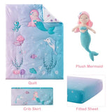 TCOYIWL 4 Pieces Crib Bedding Set for Baby Boys Girls, Infant Toddler Nursery Baby Bedding Sets Includes Cartoon Quilt, Fitted Crib Sheet, Crib Skirt and Plush Mermaid Toy TCOYIWL