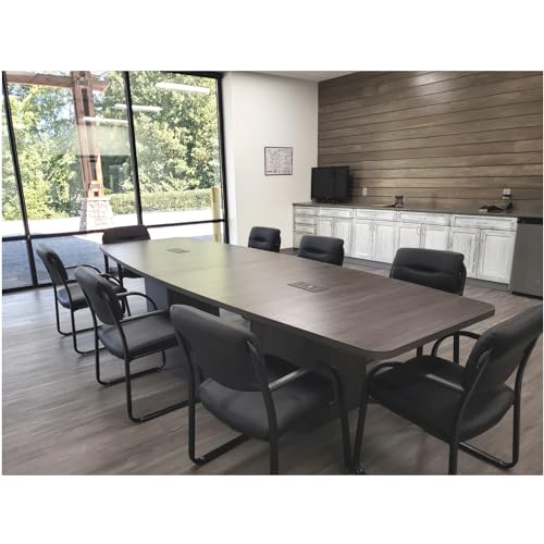 Gray Laminate Finish 12ft Conference Table Wood Boat Shaped Square Storage Cube Legs Doors Grommets Desk Base Meeting Room Racetrack Furniture Office Business Modern New 142''L x 47-32''W x 29''H WoodArtSupply