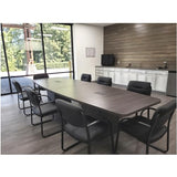 Gray Laminate Finish 12ft Conference Table Wood Boat Shaped Square Storage Cube Legs Doors Grommets Desk Base Meeting Room Racetrack Furniture Office Business Modern New 142''L x 47-32''W x 29''H WoodArtSupply