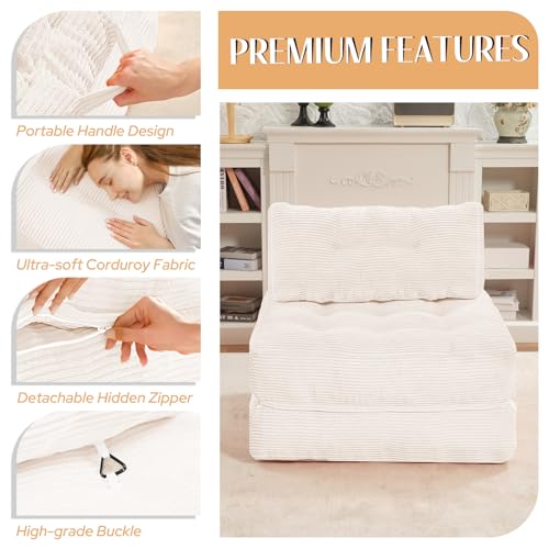 HABUTWAY Folding Sofa Bed, Convertible Sleeper Chair Bed w/Dual-Pillow & Handle, Foldable Floor Sofa Lounge w/Back Support for Living Room, Bedroom, Apartment, Office, Single, Beige HABUTWAY