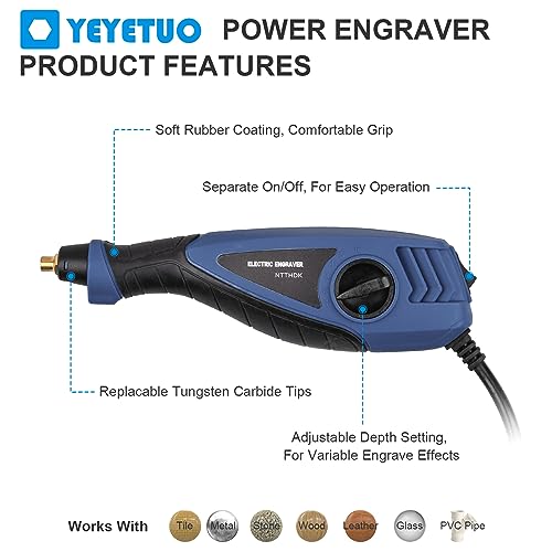 25W Engraving Pen, 6 Speed Power Engraving Tool, Handheld Engraver Pen with Tungsten Carbide Steel Bits for Wood Metal Glass Professional Etching Tool YEYETUO