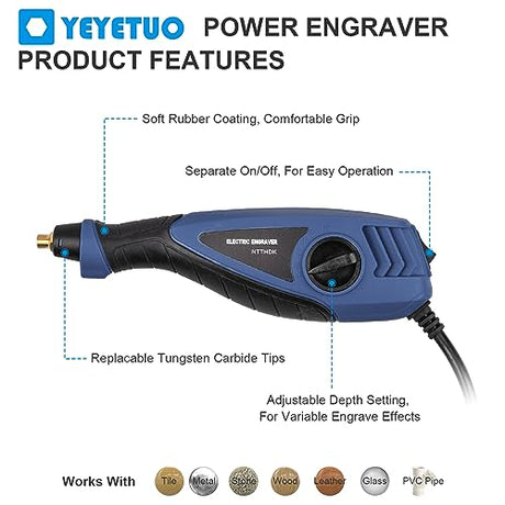 25W Engraving Pen, 6 Speed Power Engraving Tool, Handheld Engraver Pen with Tungsten Carbide Steel Bits for Wood Metal Glass Professional Etching Tool YEYETUO