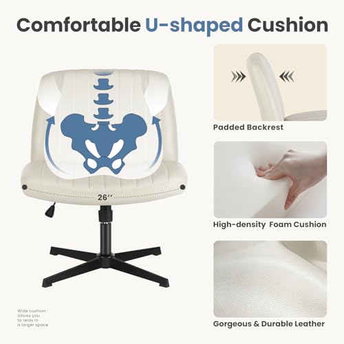 DUMOS Criss Cross Chair Legged Office Wide Comfy Desk Seat, No Wheels Armless Computer Task Seating, Swivel PU Leather Vanity Home Height Adjustable DUMOS
