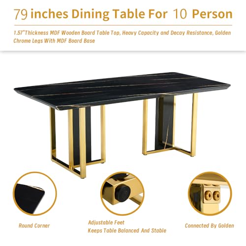 MEMUY 79" Black Modern Dining Table Set for 10,MDF Board Wood Table Top with Golden Metal Legs,Glossy Black Kitchen Room Table Set for 10-12 Person,Dining Room Table with 10 White Golden Chairs MEMUY