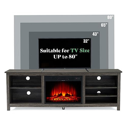 AMERLIFE Fireplace TV Stand, Wood Texture Entertainment Center with 23" Electric Fireplace, Farmhouse Entertainment Stand Media TV Console for TVs Up to 80", 70 inches, Rustic Grey