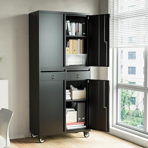 GarveeHome Garage Storage Cabinet, 73'' Metal Storage Cabinet with Wheels and Adjustable Shelves, Heavy Duty Storage Cabinet with Locking Doors and 2 Drawers for Office and Garage, Black GarveeHome