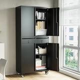 GarveeHome Garage Storage Cabinet, 73'' Metal Storage Cabinet with Wheels and Adjustable Shelves, Heavy Duty Storage Cabinet with Locking Doors and 2 Drawers for Office and Garage, Black GarveeHome